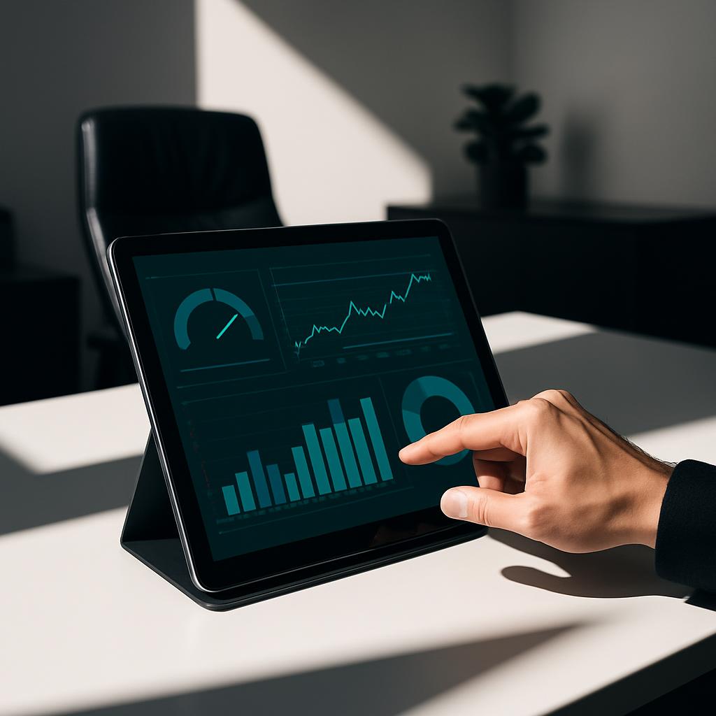 Transparent digital tablet with modern dark screen showing various image graphs and a hand interactig with it, grey office...