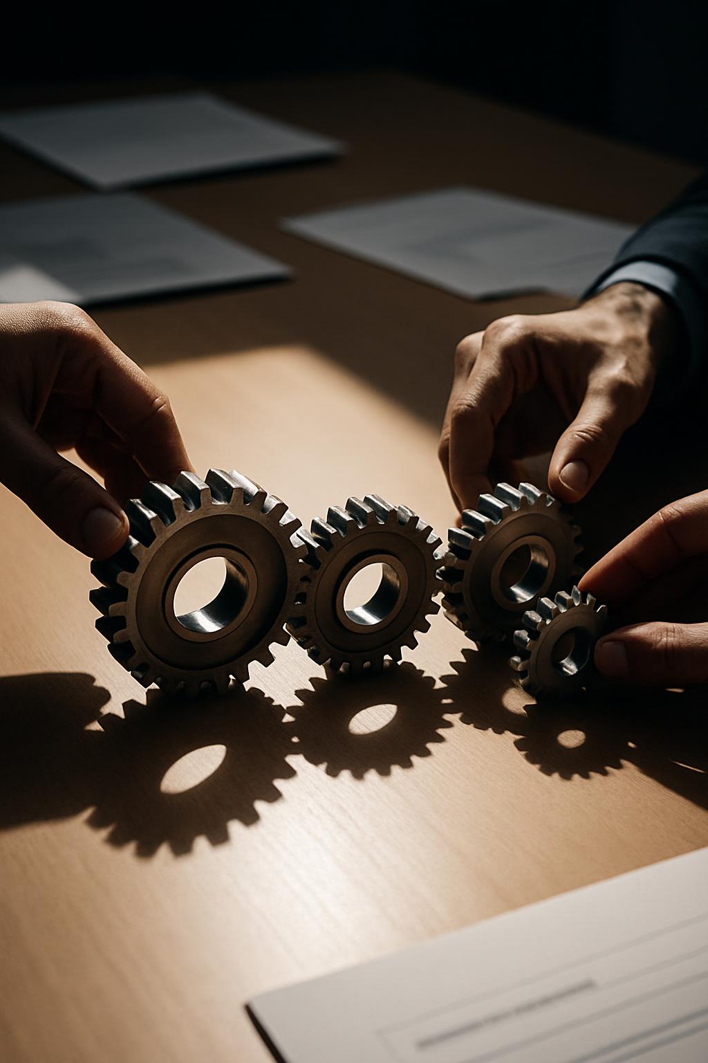 Pair of hands building a three cog gear machine on a wooden desk underside sunlight.
